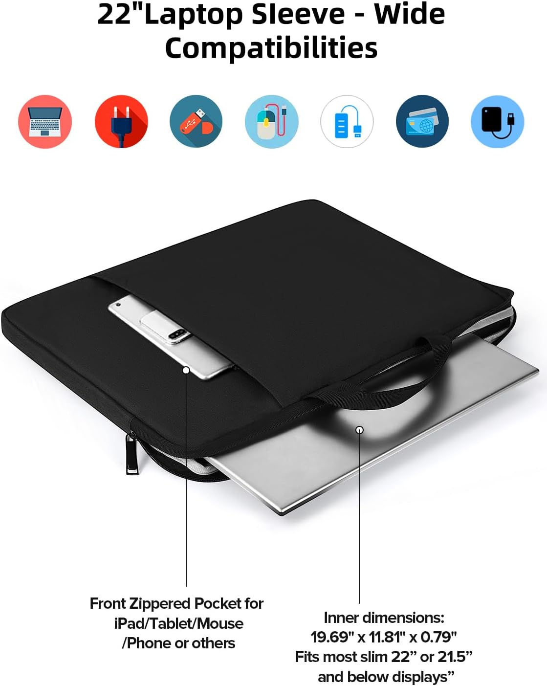 UPERFECT 22-Inch Laptop Sleeve for Slim Monitors/Laptops Up to 21.5” – Waterproof, Shockproof Bag with Side Pockets & Handle – Not Compatible with Wide-Bezel Devices