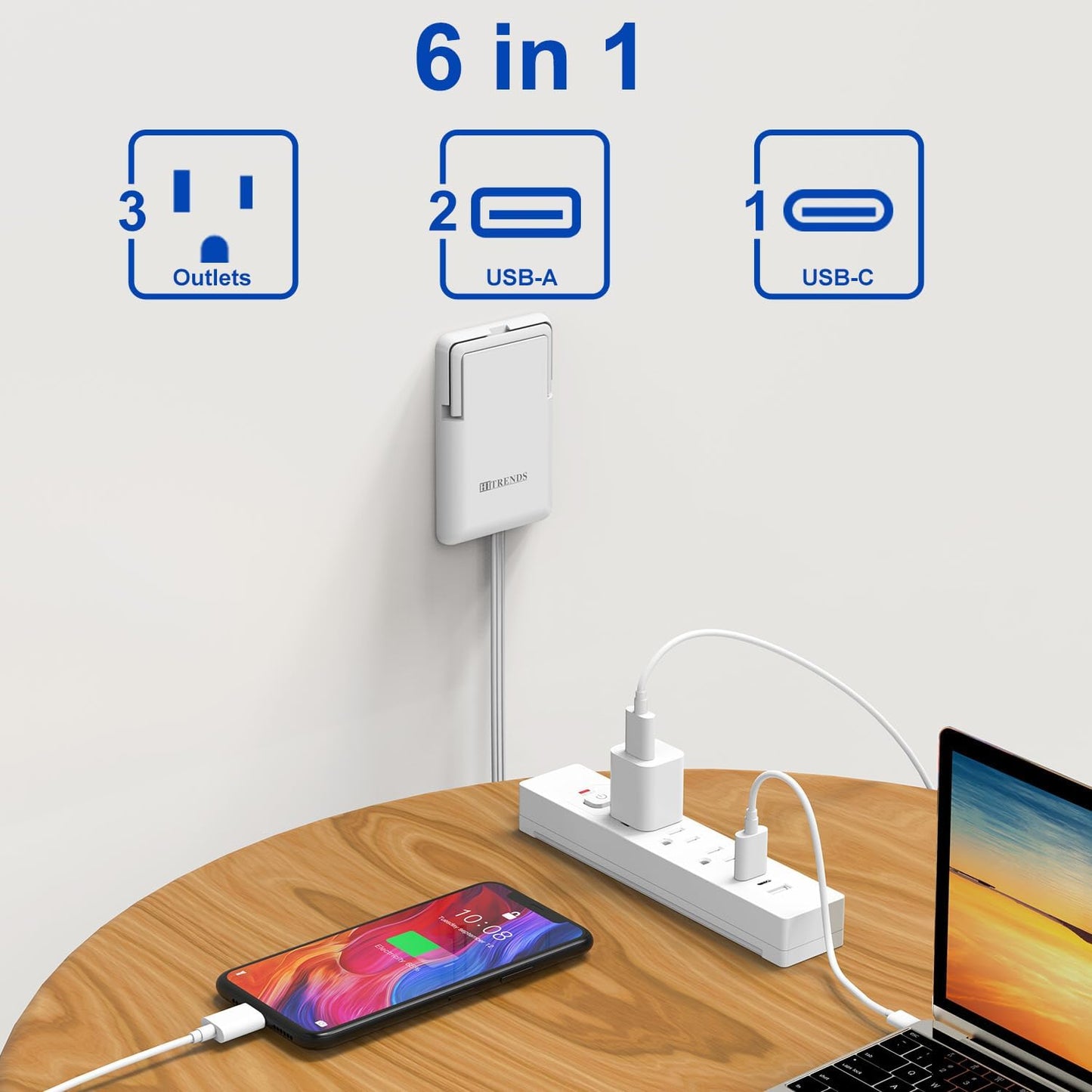 6FT Ultra-Thin Flat Plug Power Strip with 3 Outlets & 3 USB Ports | Child & Pet-Safe, 1625W, Wall-Mounted Cord Organizer, Universal Size Outlet & Plug Concealer with Cord Clips(UL Listed)