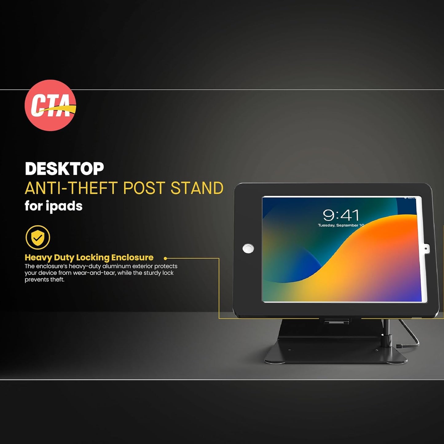 Desktop Anti-Theft Stand – CTA Kiosk Stand with Stylus, Tether, and Aluminum Enclosure for iPad 11th Gen A16 11” - 10th Gen 10.9” - Air 4th & 5th Gen - 11” Pro & More - Black (PAD-DASB109)