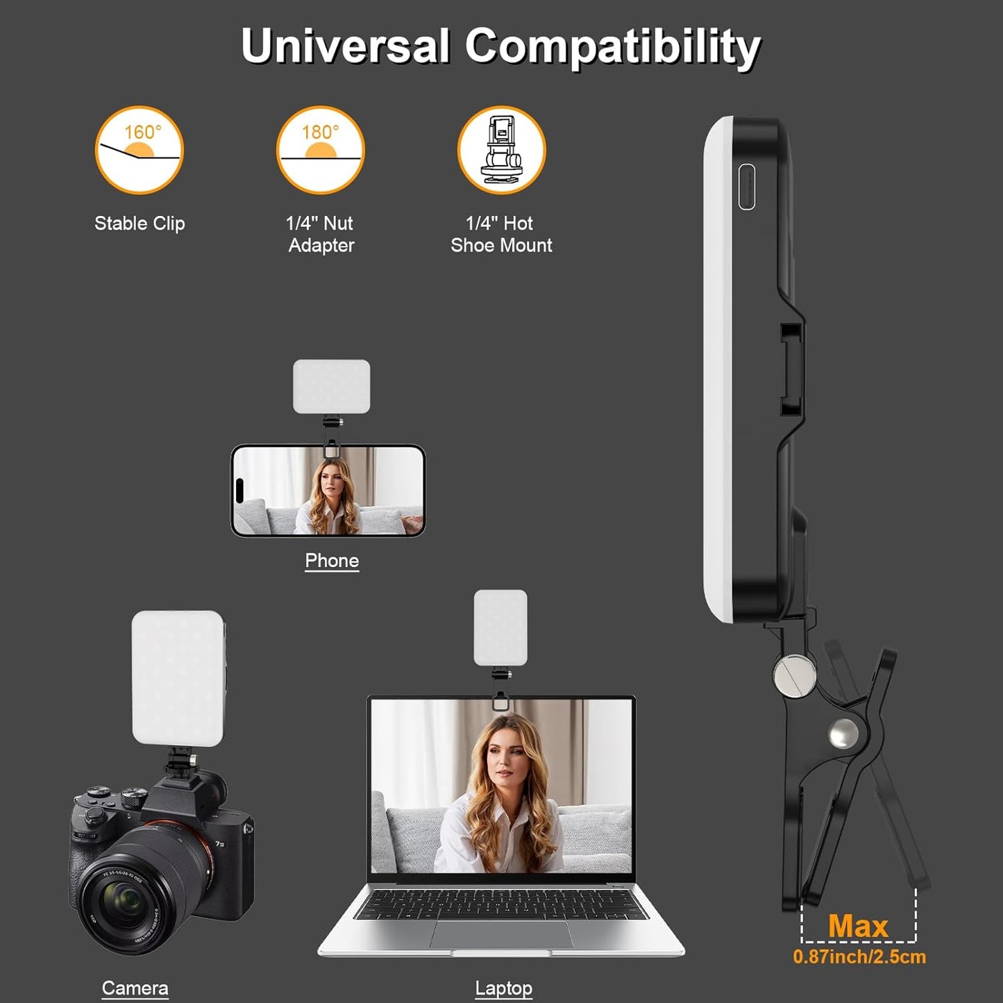 Hagibis LED Camera Light - Portable Photography Lighting with 60 LED, 2200mAh Rechargeable Battery, 7 Modes, 10-Level Brightness, Clip-on Light for Phone/Tablet/Laptop