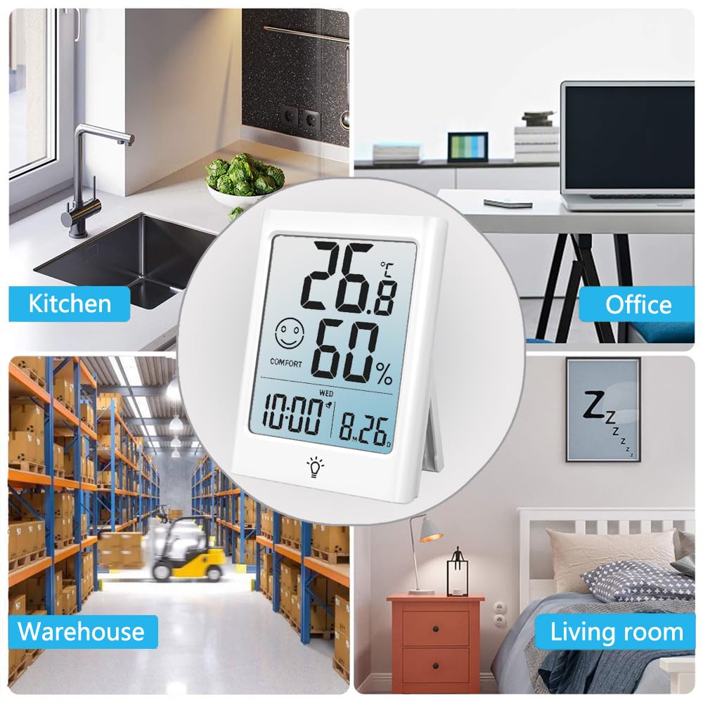 Digital Indoor Thermometer for Room, Smart Temperature Humidity Monitor with Backlight, Comfort Indicator, Max/Min Record, Time, Calendar, Alarm, °c/°f Switch for Bedroom, School