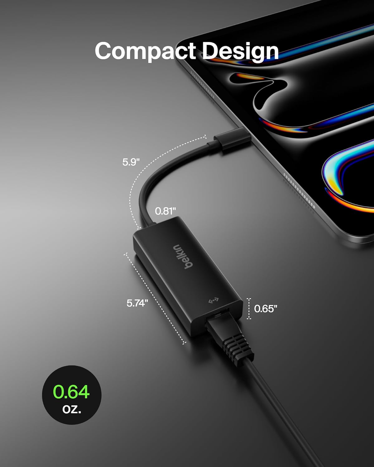 Belkin USB-C to Ethernet Adapter, Gigabit Ethernet Port Compatible w/ USB-C Devices, USB-C to Ethernet Cable for MacBook Pro & Dell XPS 13” Laptops, Ethernet USB-C Hub, Ethernet USB-C Adapter - Black