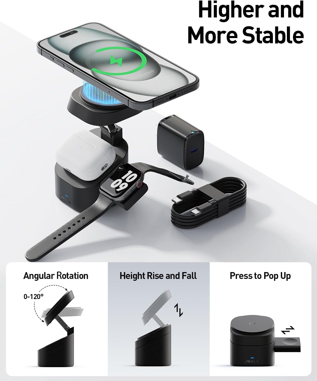 iWALK 3-in-1 Magnetic Wireless Charging Stand, 15W Foldable Charger Station for iPhone 16/15/14/13/12, Apple Watch & AirPods, Adjustable Dock with 20W USB-C Adapter
