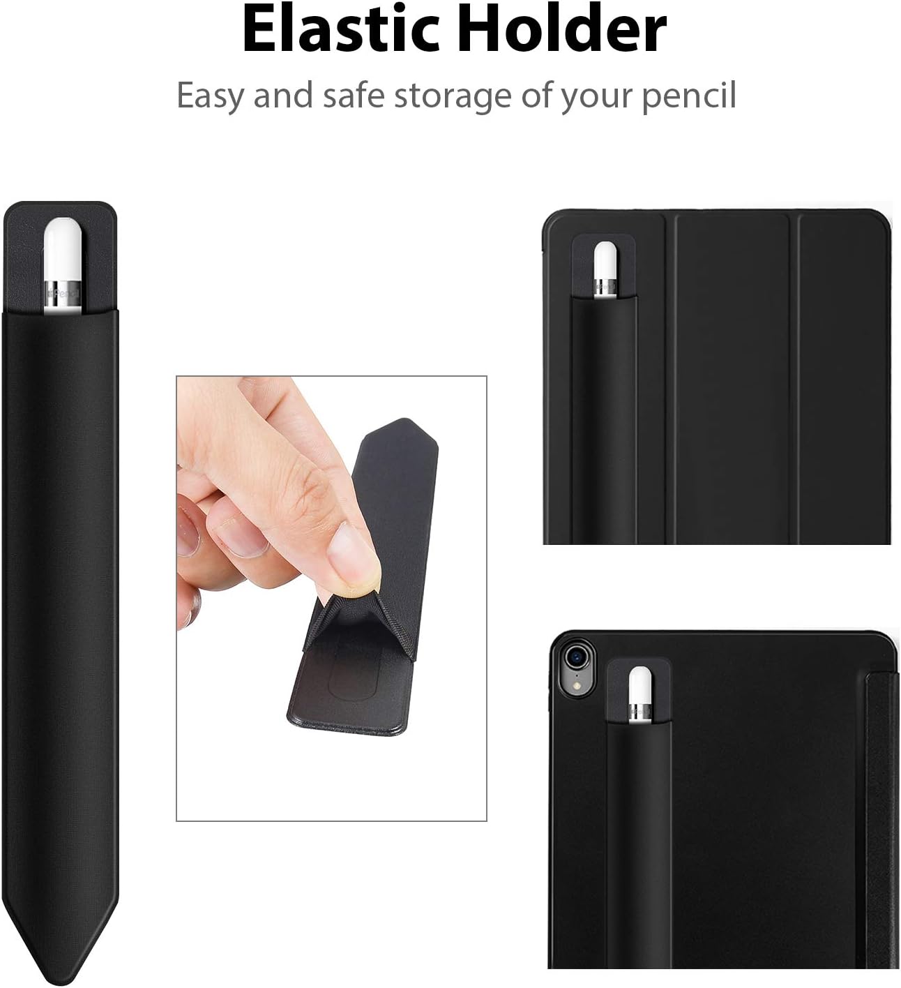 Doormoon Pencil Holder for iPad 2018 (6th Gen)/ iPad Air 9.7 / Pro 10.5" 12.9", Detachable Elastic Apple Pencil 2nd Gen Leather Sleeve Pocket Pouch (Black x 2)