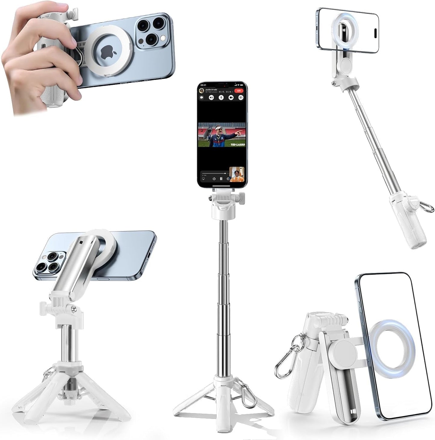 CloudValley Magnetic 4-in-1 Multifunctional Selfie Stick Tripod, Mini Portable Pocket Phone Stand with Detachable Remote, Compatible with MagSafe, for iPhone/Android, Travel Vlog, Live Stream, White