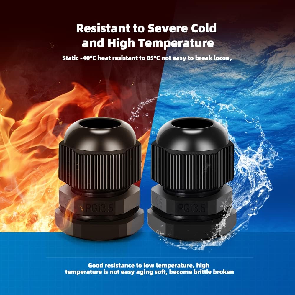 Cable Gland 20 Pack Plastic Waterproof Adjustable Connector 6-12mm PG13.5 Strain Relief Cord Connectors Joints Nylon with Gaskets