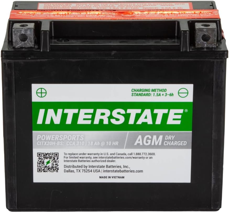 Interstate Batteries YTX20H-BS 12V 18Ah Powersports Battery 310CCA High-Performance AGM Rechargeable Replacement for Arctic Cat, Harley Motorcycles, Bikes, ATVs, Jet Skis, Snowmobiles (CITX20H-BS)