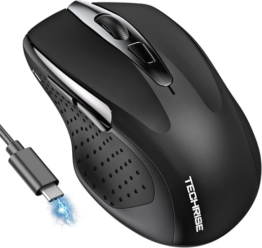 Bluetooth Mouse (BT5.0/3.0 & 2.4G) Rechargeable Wireless Mouse, 4800 DPI Optical Tracking, 6 Adjustable DPI, 2.4GHz with USB A Receiver, Quiet Clicks, Ergonomic Grips, 6 Buttons - Black