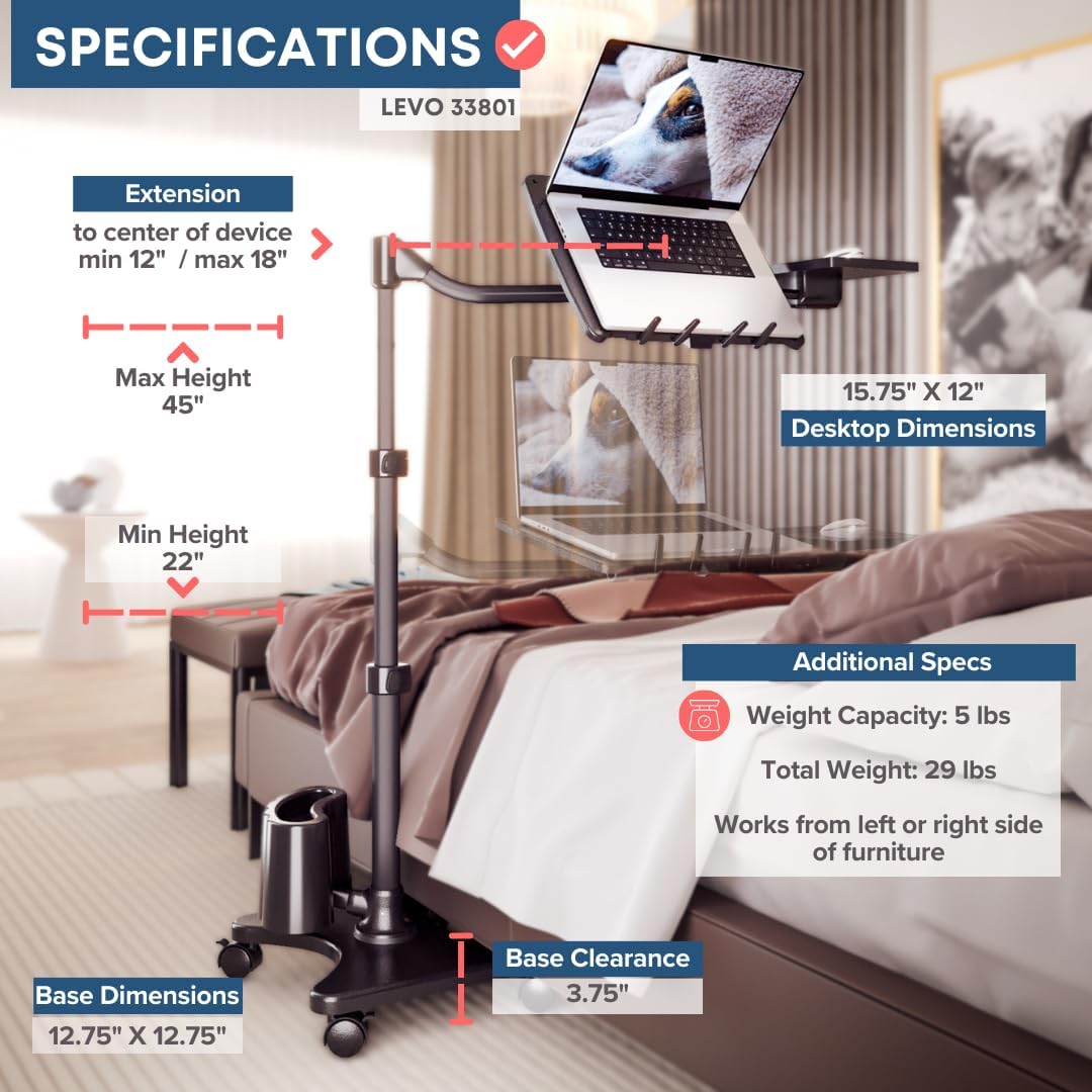 LEVO G2 Deluxe Adjustable Laptop Stand – Rolling Computer Desk & Ergonomic Table for Bed, Sofa, or Office – Portable Mobile Workstation with Tilt – Fits Devices up to 16″ - Charcoal & Black