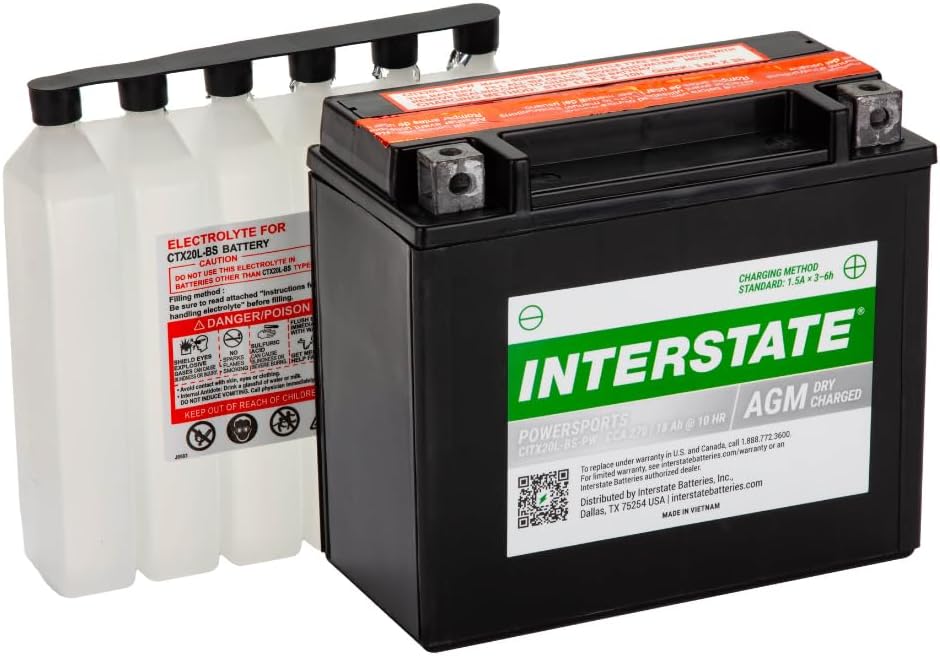 Interstate Batteries YTX20HL-BS 12V 18Ah Powersports Battery 270CCA High-Performance AGM Rechargeable Replacement for Motorcycles, ATVs, UTVs, Jet Skis, Snowmobiles (CITX20L-BS-PW)
