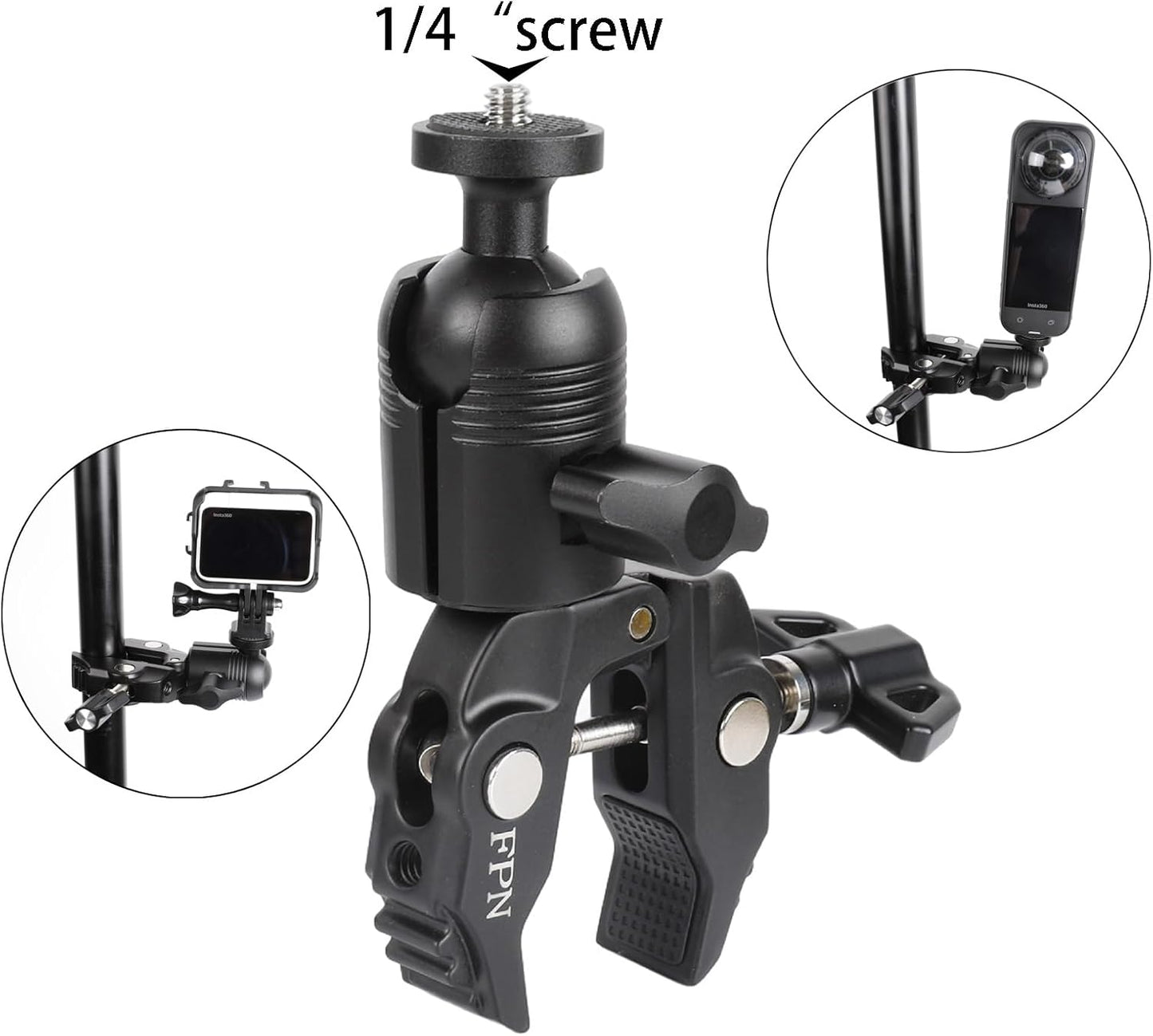 Aluminum Alloy Super Clamp Camera Mount with 360° Ball Head for Bike/Motorcycle Handlebar Pole Tripod Rod 0.5-2.0" Diameter, Compatible with GoPro, Insta360 X5 X4, DJI Osmo Action 5 Pro, Pocket 3