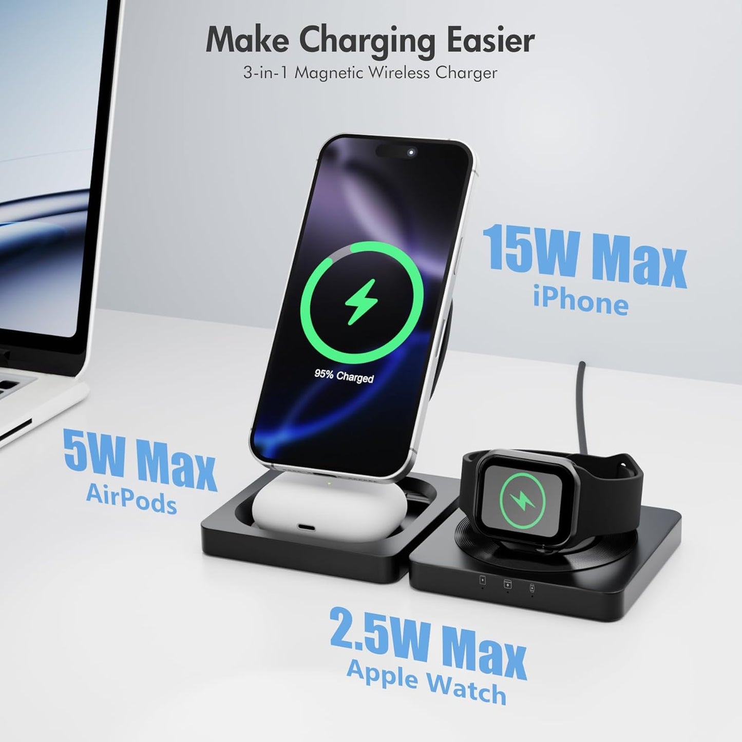 Magnetic Wireless Charger for iPhone: 3 in 1 for Travel 15W Fast Charging Pad Foldable for iPhone 16e 16 15 14 13 12 Pro Max - for Apple Watch Ultra and AirPods Series Magnet Multiple Devices (Black)