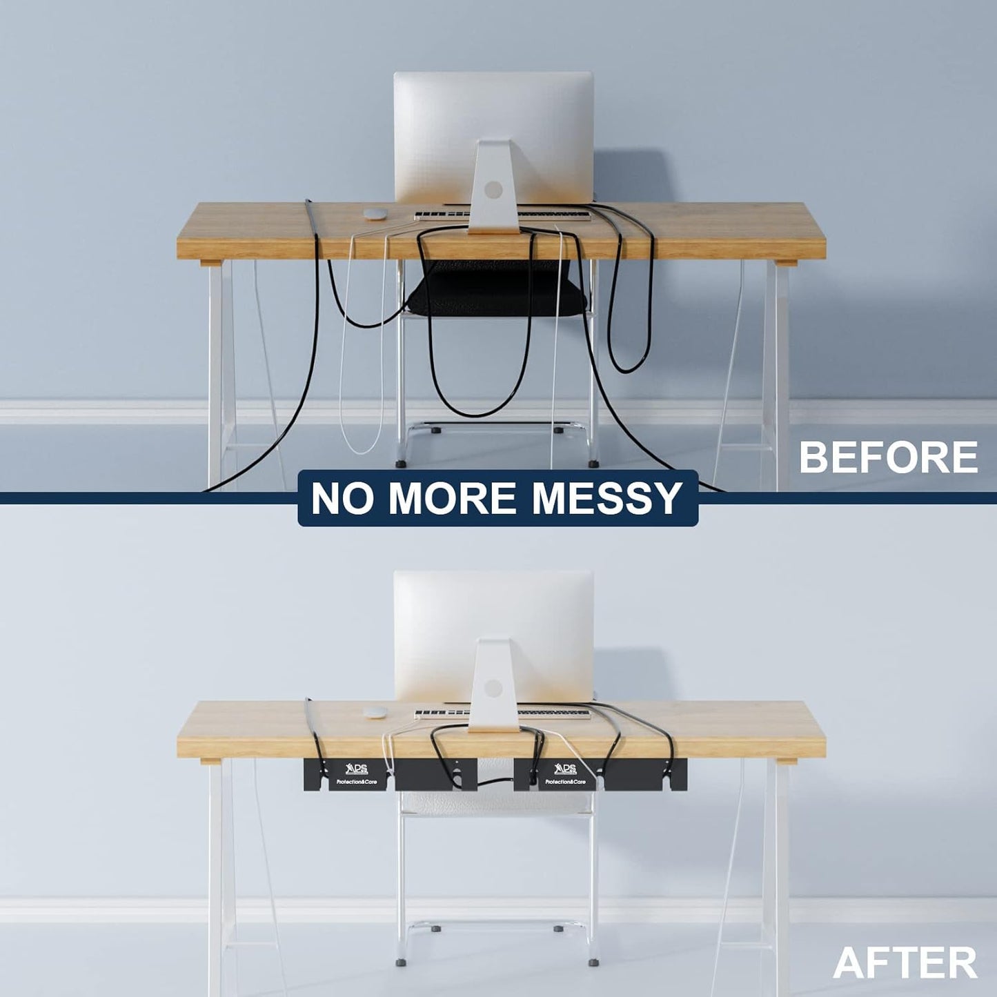 APS Under Desk Cable Management Tray, Two-Pack 16 Inch Black Metal Cord Organizer, Adhesive or Screw Mount for Glass/Marble/Office/Gaming Desk