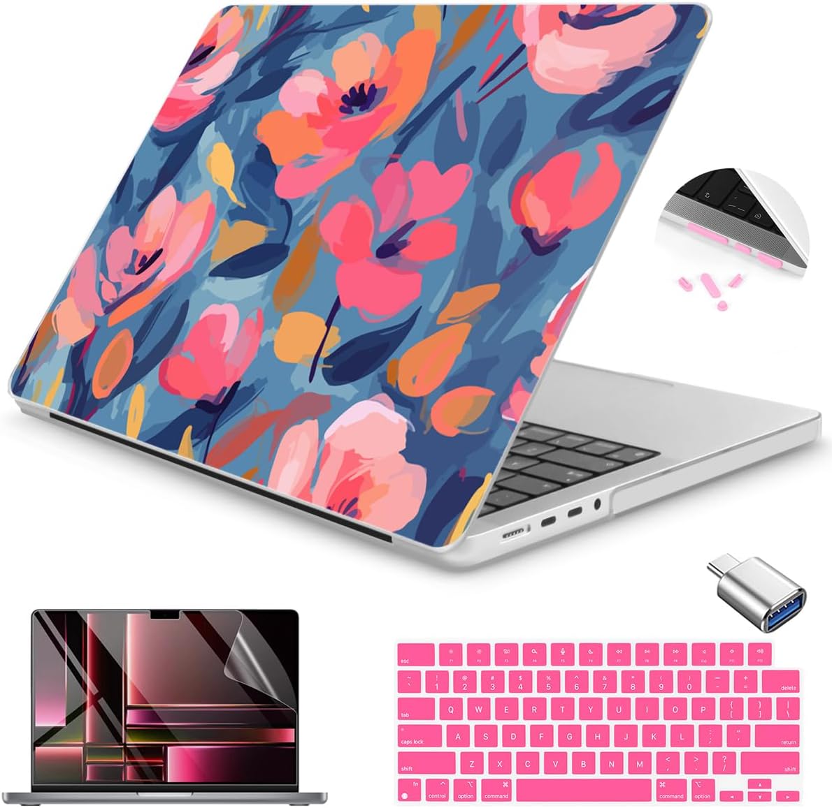 Teryeefi for M4 MacBook Pro 14 inch Case 2024 2023 2021 (M3 A2918 A2992 M2 A2779 M1 A2442 Pro/Max), Hard Shell Cover + Keyboard Cover for 14 inch Mac Pro with Retina XDR Display, Abstract Pink Flower