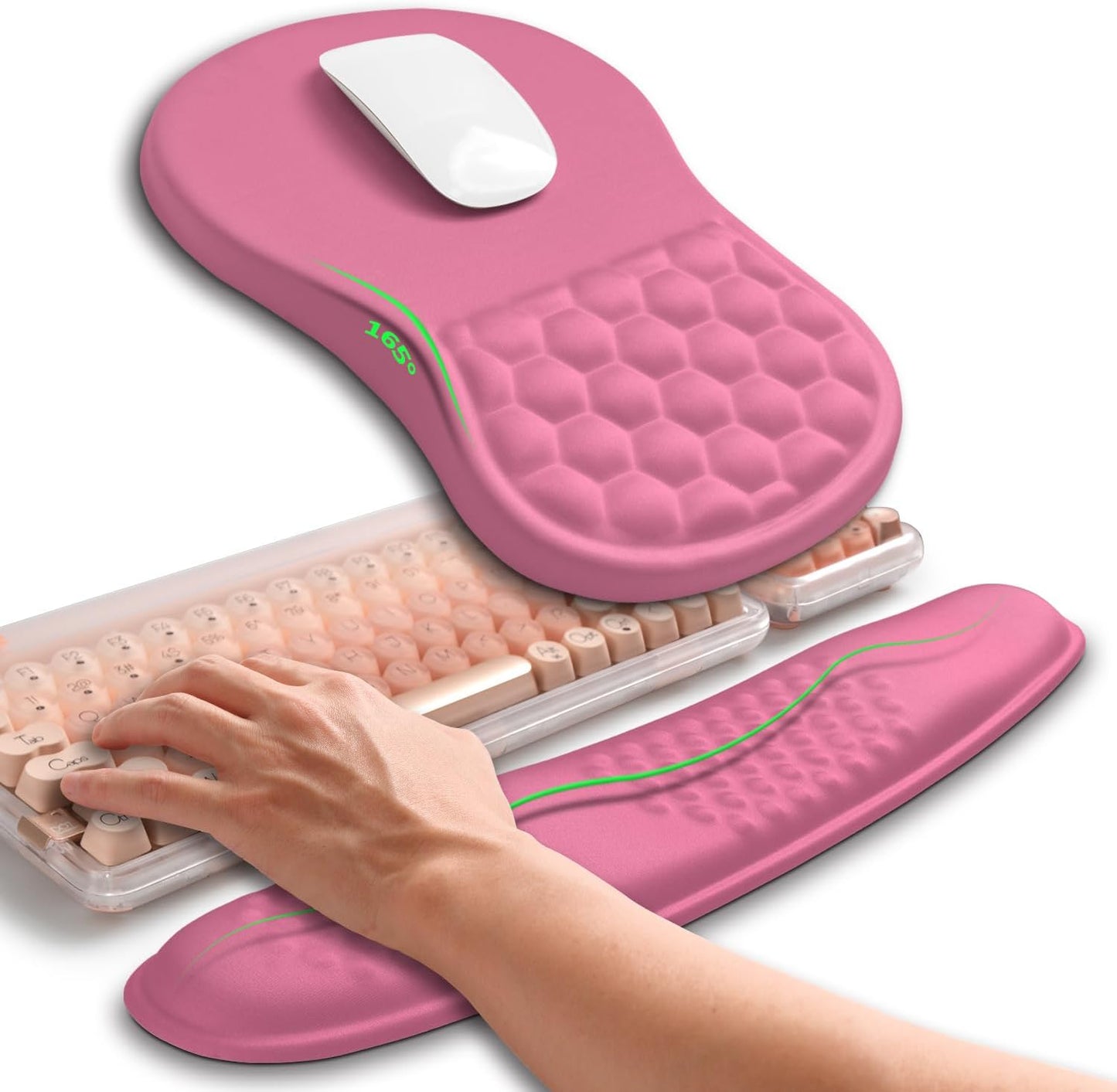Hokafenle 2in1 Combination, Wave Keyboard Wrist Rest and Ergonomic Curvature Mouse Pad Wrist Support for Relieve Wrist Pain, Filled with Soft Cushion Memory Foam, Tough Guy Pink