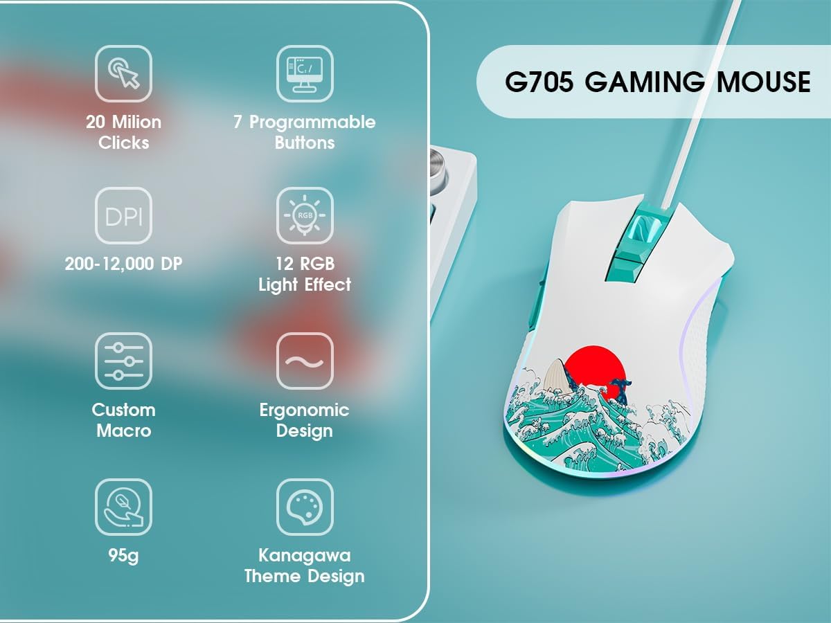 HITIME XVX Wired Gaming Mouse, 12000 DPI RGB Mouse with 12 Backlit Modes & 7 Macro Buttons, PC Gaming Mice Support DIY Keybinding, Gamer Computer Mice for Laptop PC Mac Windows, Coral Sea