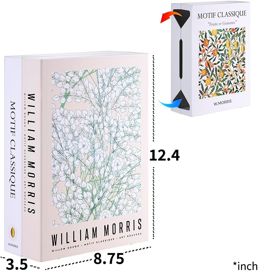 Book Shape Decorative Cable Management Box - Expandable Cable Organizer Box with Magnetic Closure for Home & Office (William Morris, Large)