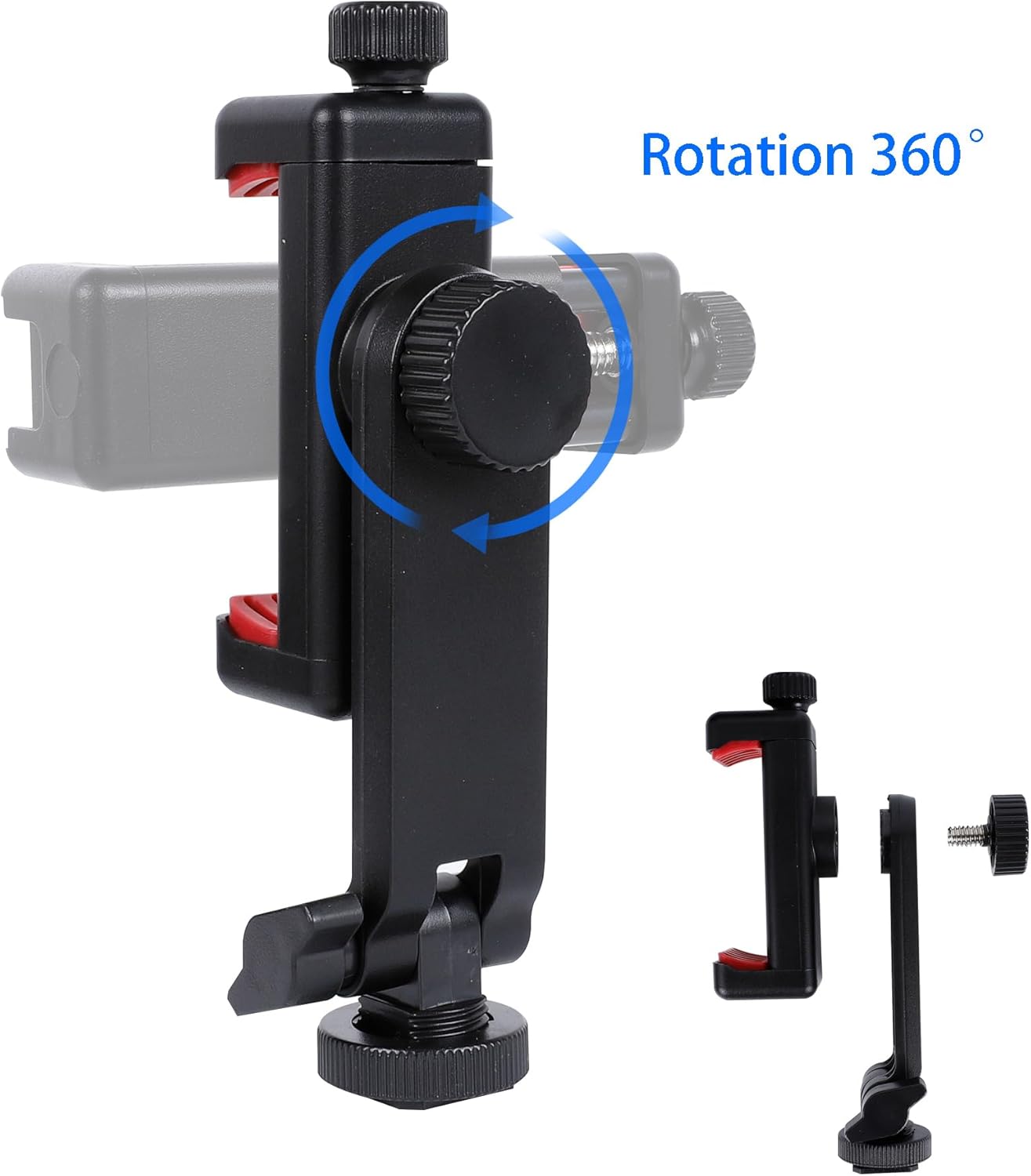 Phone Tripod Mount Adapter, with Cold Shoe&1/4" Hole for Tripod/Selfie Stick/Camera Stand, 360° Rotates Adjustable Phone Clip Clamp Holder for iPhone/Samsung/All