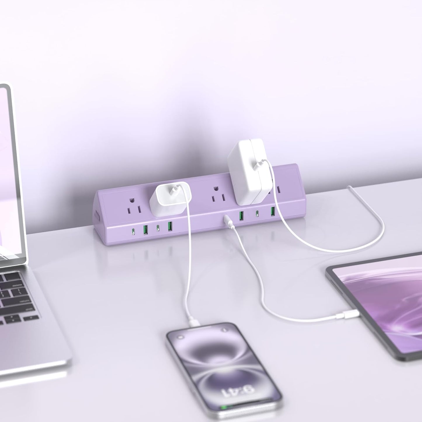 Jgstkcity Desk Clamp Power Strip, 45W Fast Charging Station,4 USB-C, 4 USB-A,1200J Surge Protector,ETL Listed,1875W Extension Cord,Multiple Outlets for Home, Office (Purple, 6 FT Cable)