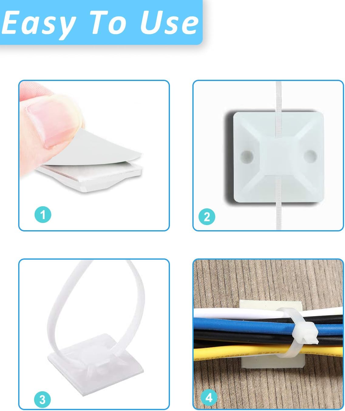 Cable Management Kit - 100 Set Adhesive Cable Zip Tie Mounts with 8" Zip Ties | UV Resistant Wire Organizers for Indoor/Outdoor Use - White