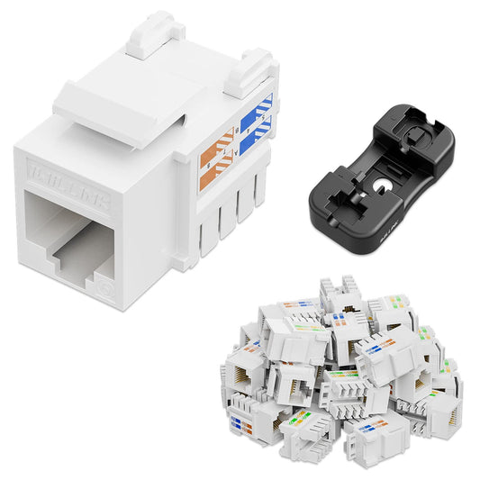 iwillink 10Gbps Cat6 Keystone Jack, RJ45 Keystone Jack 25-Pack and Keystone Punch-Down Stand, UTP Modular Ethernet Jack Insert 90-Degree, Punch Down Keystone Jack Adapter, White