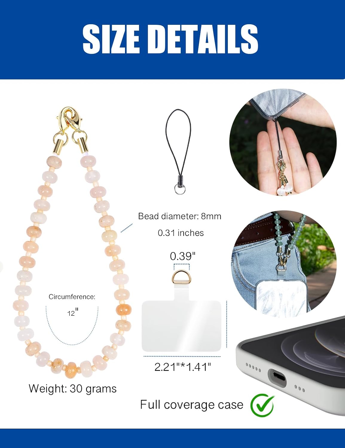 Handmade Natural Gemstone Crystal Beaded Charm Cell Phone Camera Lanyard, Hands-Free Wrist Strap, Phone Chain String, Keychain Decor for Walle (Pink Agate)