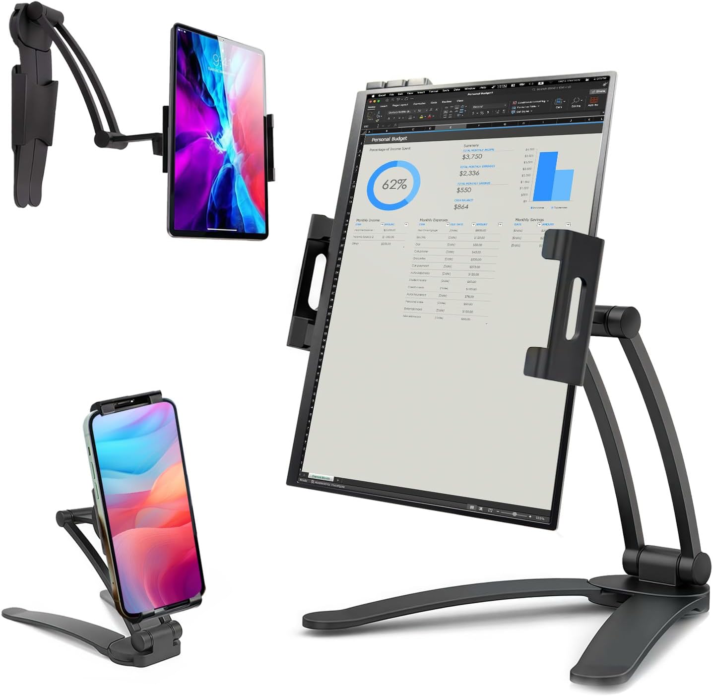 Kado Portable Monitor Stand Aluminum Alloy, Tablet Holder Phone Clamp for Display Phone, Wall Mount 3M Cubical Mount for Portable Monitor, Kitchen Cabinet Tablet Holder for iPad Surface Pro
