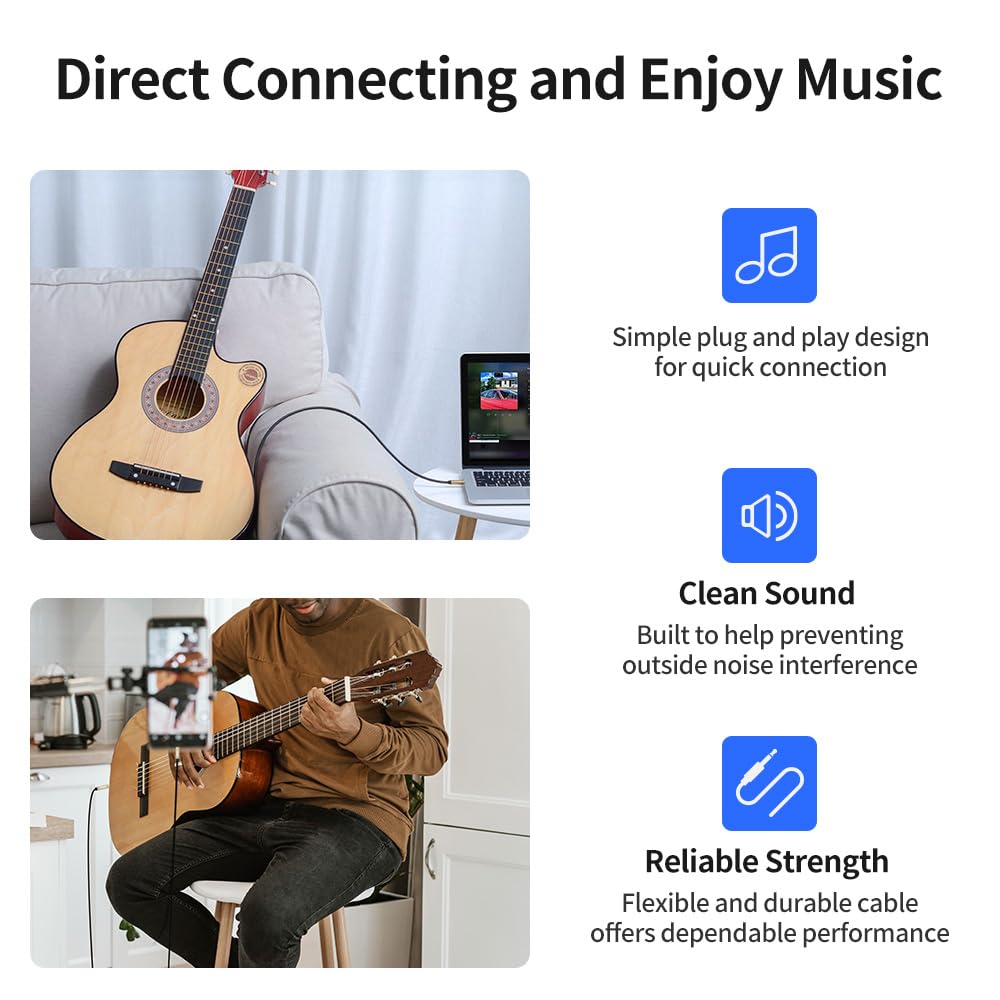 3.5mm to 1/4 Stereo Audio Cable 10 Feet /3M, 1/8" to 6.35mm 1/4" TRS Male Aux Cord Double Shielded with Braiding for Guitar, Amplifiers, PC, Home Theater, Speaker, etc.