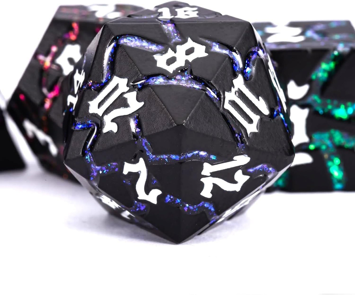 Dice Set D&D,Dungeons and Dragons Metal Dice Set with Box, Crack Glitter Polyhedral Dice for Role Playing Game (Matte Black 7 Colors)