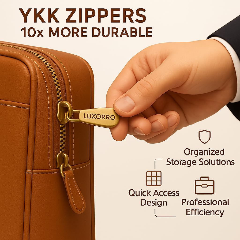 Luxorro Full Grain Leather Briefcase for Men, Light Brown, 17"(W) x 13"(H) x 5"(D), Fits 15.6 Inch Laptop