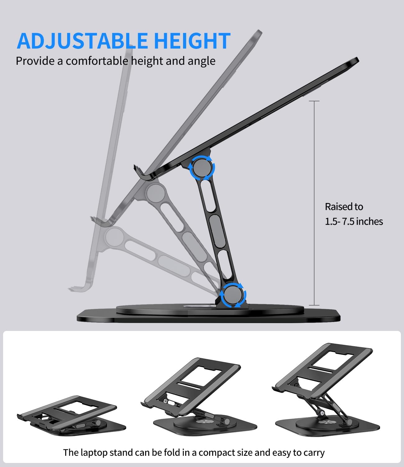 Adjustable Laptop Stand with 360 Rotating Base, Stable Computer Stand for Laptop Ergonimic Foldable Laptop Riser for Desk Compatible with MacBook Pro/Air Notebook up to 16 Inches, Black