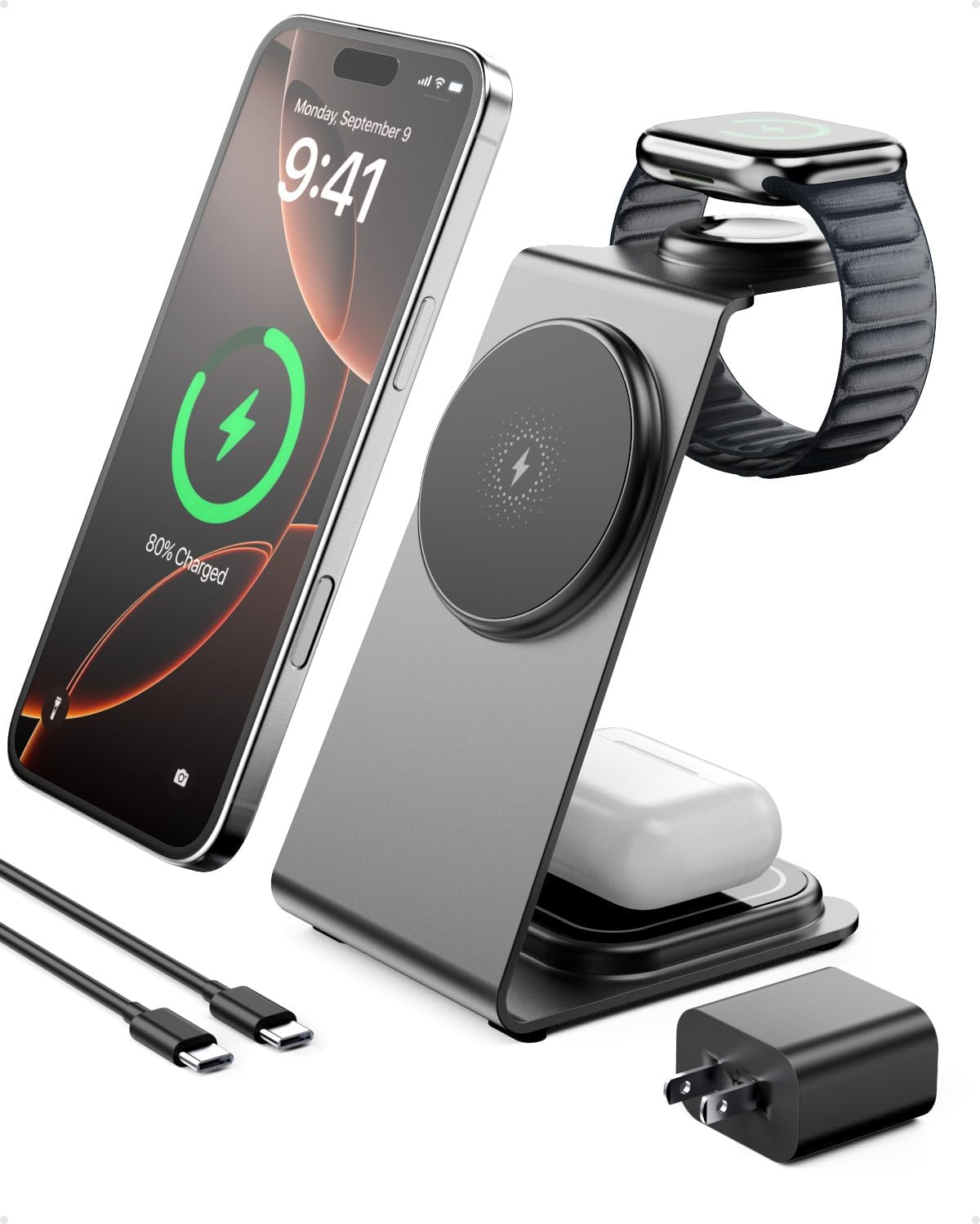 Intoval 3 in 1 Wireless Charging Station for Magsafe, Magnetic Charger for iPhone 16 15 14 13 12 Pro Max, Wireless Charger for Apple Watch 10 Ultra SE 9 8 7 6, for AirPods 4 Pro 2 3 (Grey)