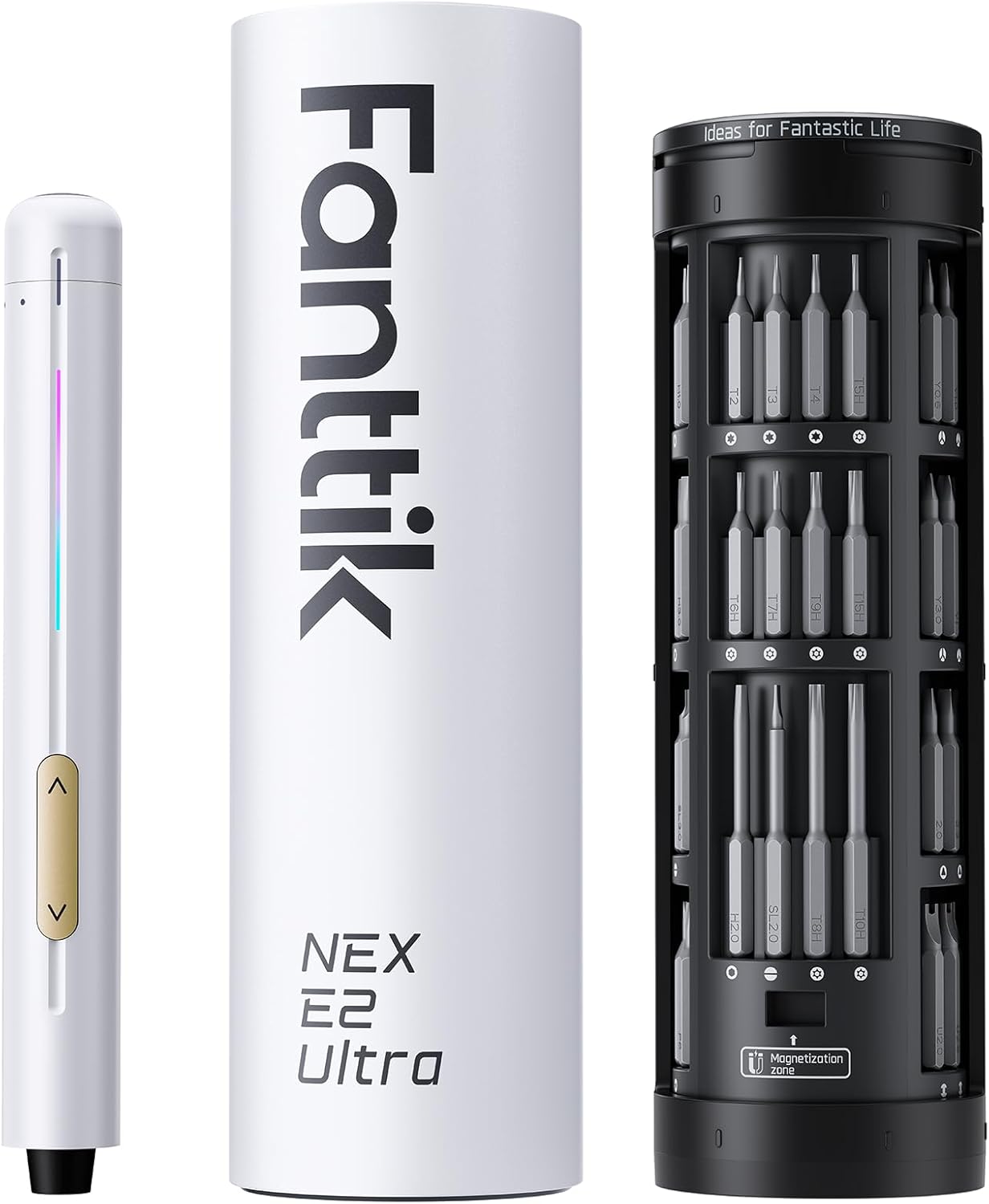 Fanttik E2 Ultra Mini Electric Screwdriver, Cordless Screwdriver, Max 0.6N.m, 50 Magnetic Bits, 5/32'' Hex, Magnetic Storage, Repair Tool for Electronics, Camera, Laptop, and PC Build (White)