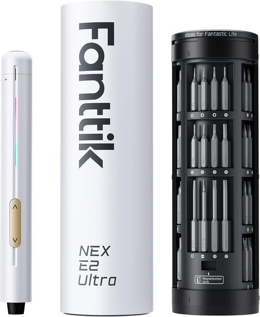 Fanttik E2 Ultra Mini Electric Screwdriver, Cordless Screwdriver, Max 0.6N.m, 50 Magnetic Bits, 5/32'' Hex, Magnetic Storage, Repair Tool for Electronics, Camera, Laptop, and PC Build (White)