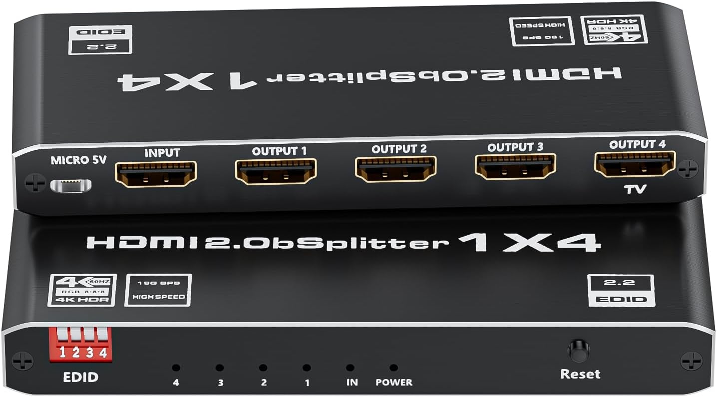 HDMI 2.0 Splitter 1 in 4 Out, LUKFOCAB 1x4 HDMI Splitter 4K@60Hz 8:8:8 HDR, HDMI 2.0, HDCP 2.2, 18Gbps, Auto EDID, Supports UHD 3D D-o-l-b-y 4 Ports Mirror Mode and Multichannel Audio Streams