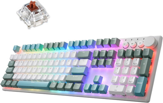 iRocks K74R Wireless RGB Illuminated Mechanical Gaming Keyboard, Hot-Swappable Switches, Easy-Clean Floating Design, PBT 107 Keys NKRO, Detachable USB-C Cable - Island Blue (Brown Switches)