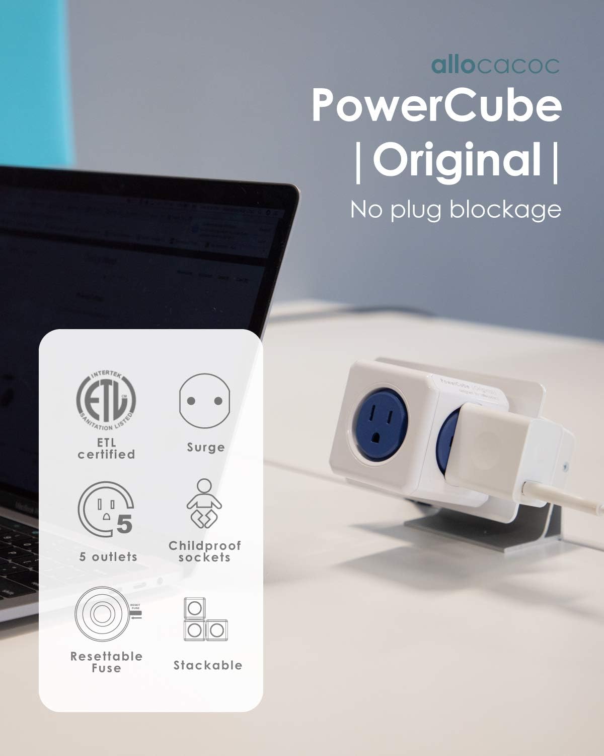 Allocacoc PowerCube Original, 5 Outlets, Wall Plug, Power Charger, Surge Protection, Compact for Travel, Home and Office, Space Saving, 1875W, 15A, 125V ETL Certified