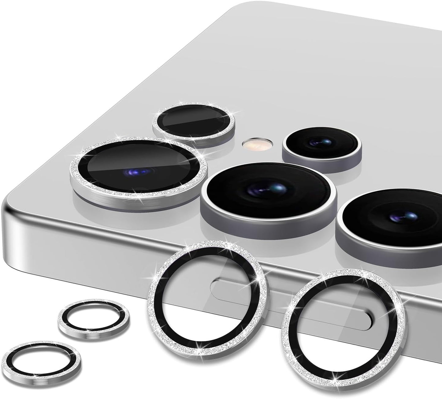 for Samsung Galaxy S25 Ultra Camera Lens Protector, Individual Metal Ring Tempered Glass Lens Cover, [Strong Adsorption] Scratch Resistant Ultra-Thin HD Clear Lens Cover, 1 Set-Silvery Sparkly