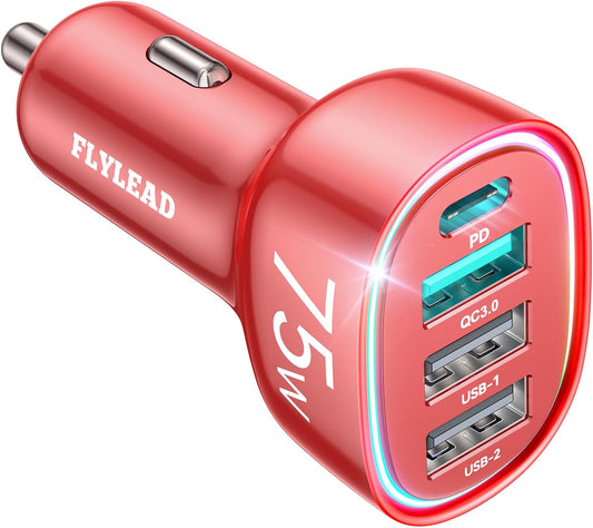 FLYLEAD USB C Car Charger Cigarette Lighter Adapter 75W 4-Port Fast Car Charger Fast Charging Compatible with iPhone16/15/14/13 Series- RED