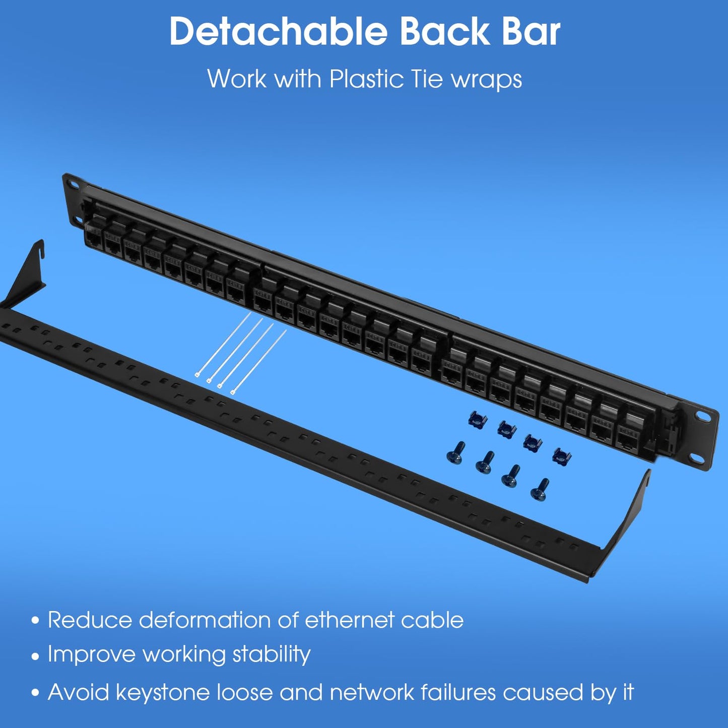 24 Port Keystone Patch Panel, 1U 19-inch RJ45 Network Patch Panel with Back Bar, Loaded with 24 Cat6 Couplers (Black)