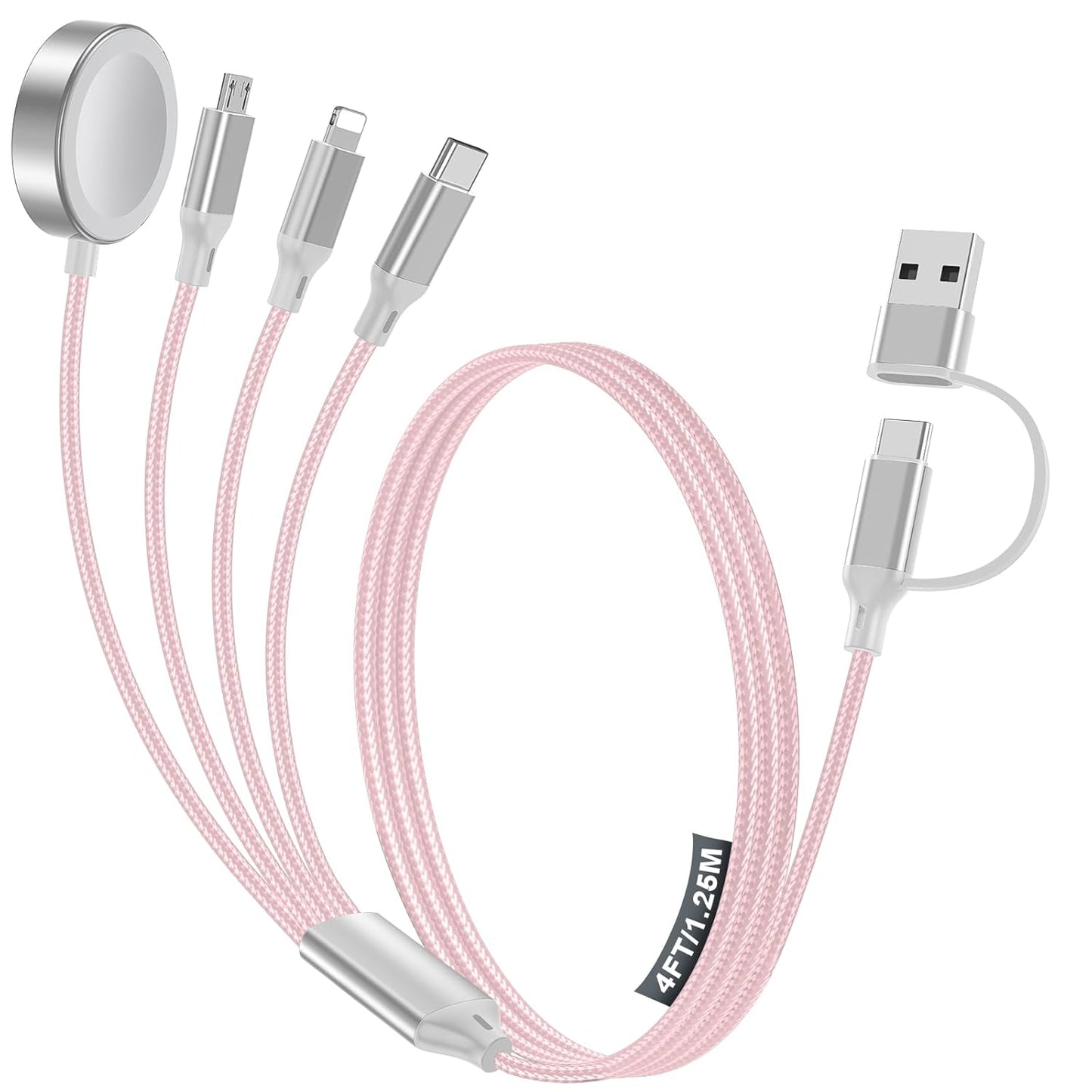 4-in-2 Charging Cable for Apple Watch Charger/Samsung/iPhone Charger,Car/Office/Camping/Travel Essentials,Type C Cable Multi Cord for iWatch Ultra/10-2/iPhone 16-11/Samsung S25-S20,iPad,airPods-Pink