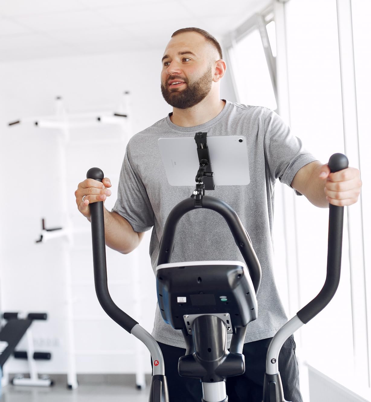 Aluminium Tablet Holder Mount for Spin Bike, iPad Mount Handlebar Clamp for Stroller, Golf Cart, Wheelchair, Scooter, Spin Bike, Music Mic Stand, Compatible with 6.5-12.9" Tablets