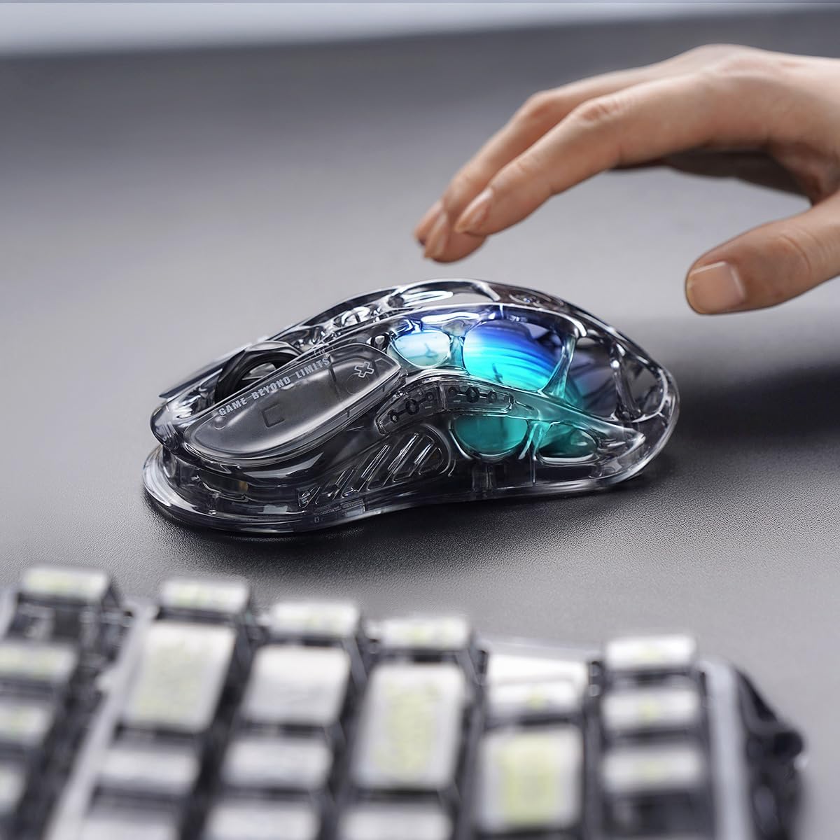 GravaStar Mercury M2 Wireless Gaming Mouse with 26,000 DPI, PAW3395DM Sensor -79g Lightweight Hollowed-Out Design -5 Programmable Buttons -5 Dynamic Lightsync RGB - Transparent Black