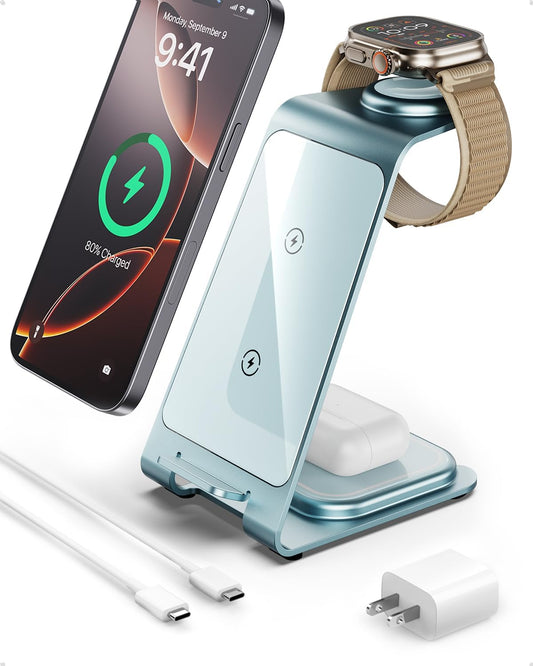 Intoval 3 in 1 Wireless Charging Station for iPhone 16 15 14 13 12 11 X Pro Max, Wireless Charger for Apple Watch Ultra 3 SE 9 8 7 6 5 4 3 2, for AirPods 4 Pro Pro 2 3 (Y93, Blue)