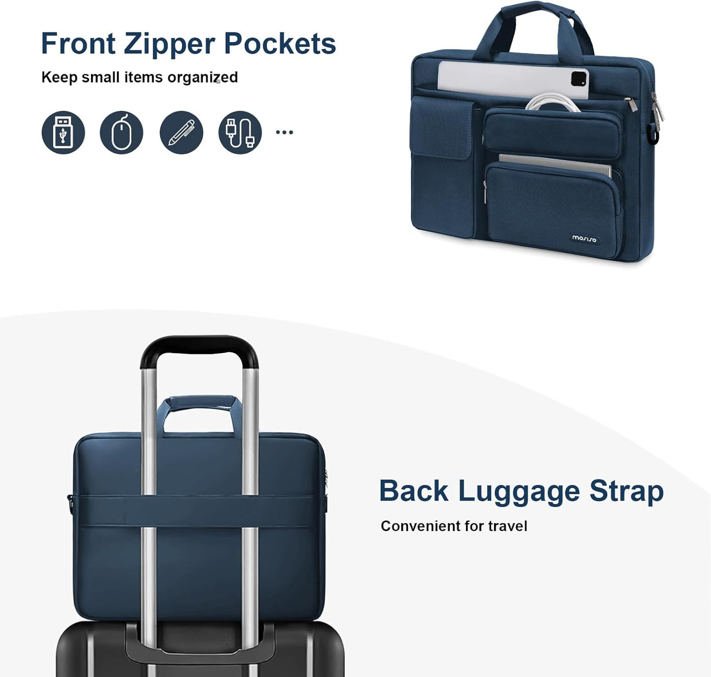 MOSISO Laptop Shoulder Bag, Computer Bag with 2 Raised&1 Flapover&1 Horizontal Pocket&Handle&Belt