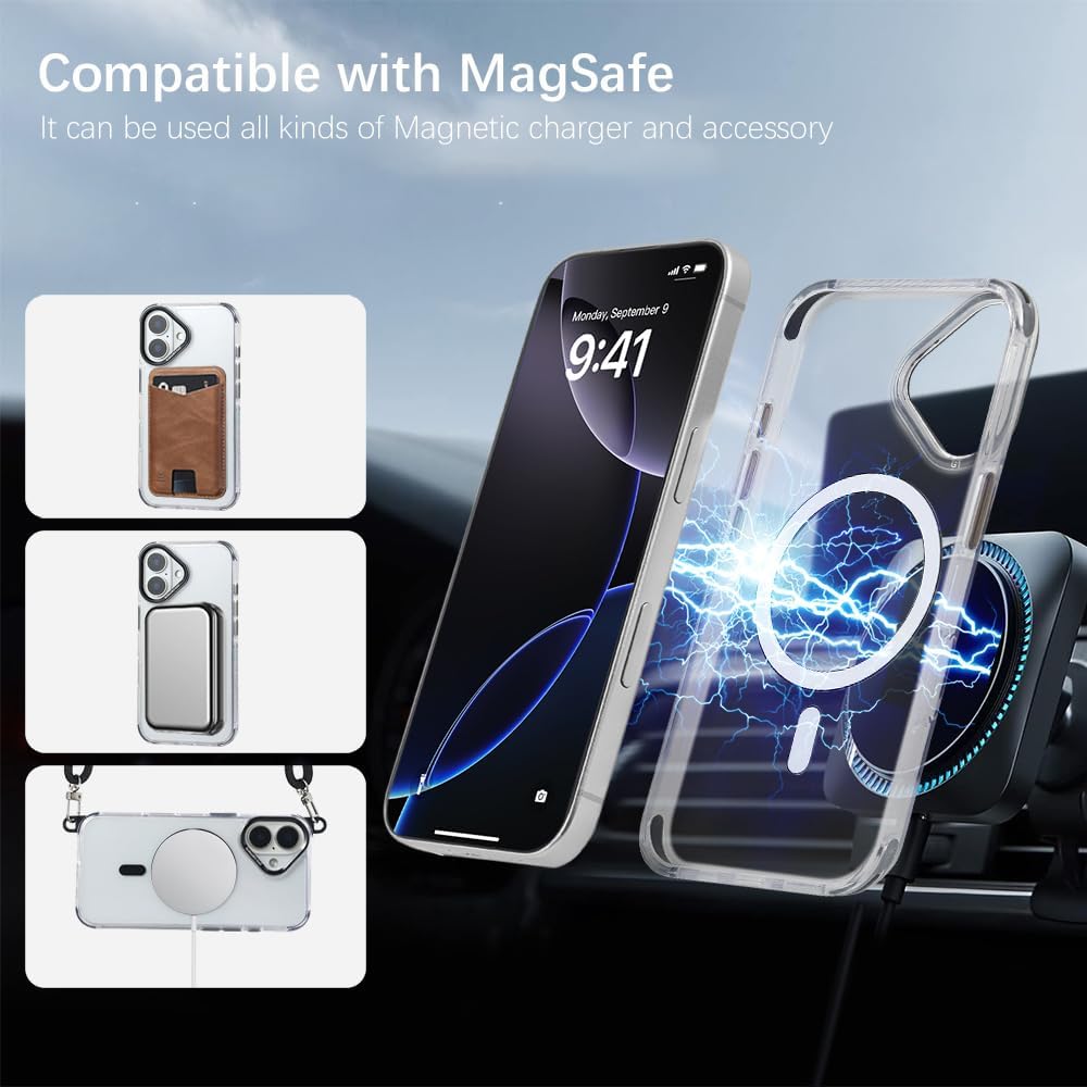for iPhone 16 Case with 62.99 inch Lanyard, Classic Clear&Black Magnetic Phone Case, Drop&Shockproof Protection Cases, Phone Lanyard for Around The Neck, Compatible with Magnet Accessory
