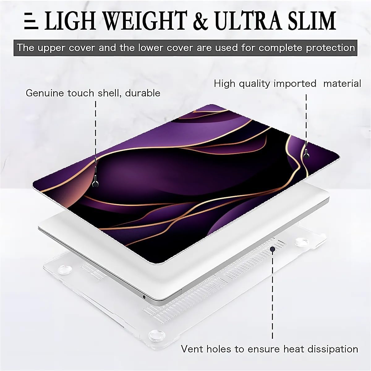 Compatible with MacBook Air 13.3 13.6 Inch Case 2022 2021 2020 2019 Plastic Hard Shell Case Cover,13.3 Pro(A1706/A1708/A1989/A2159/A2289/A2338), Purple and Gold Color Line