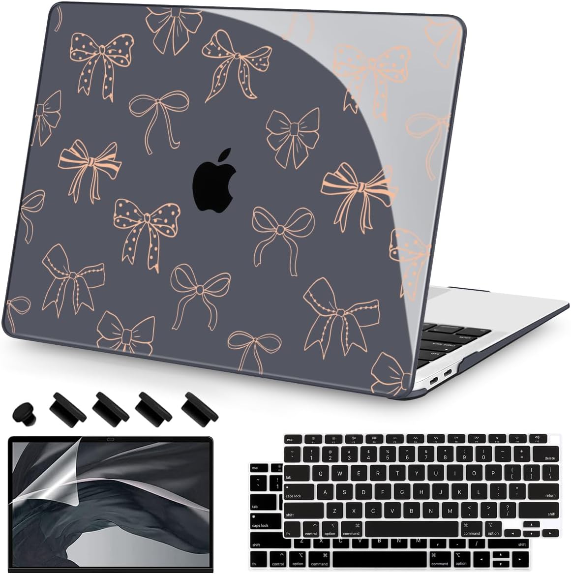 Teryeefi Case for MacBook Air 13 inch 2020 2019 2018 fits Model M1 A2337 A2179 A1932 with Retina Display with Touch ID, Plastic Hard Shell & Keyboard Cover & Screen Protector, Gold Bows A003