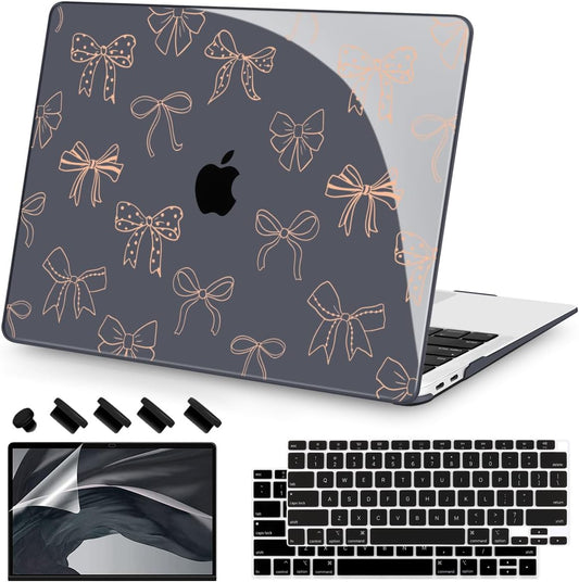 Teryeefi Case for MacBook Air 13 inch 2020 2019 2018 fits Model M1 A2337 A2179 A1932 with Retina Display with Touch ID, Plastic Hard Shell & Keyboard Cover & Screen Protector, Gold Bows A003