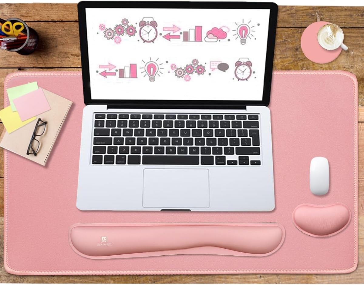 4-in-1 Large Gaming Mouse Pad, Keyboard Wrist Rest Pad & Wrist Support Mousepad Set, Extended Desk Pad Waterproof Desk Mat for Home Office Study Game-Pink